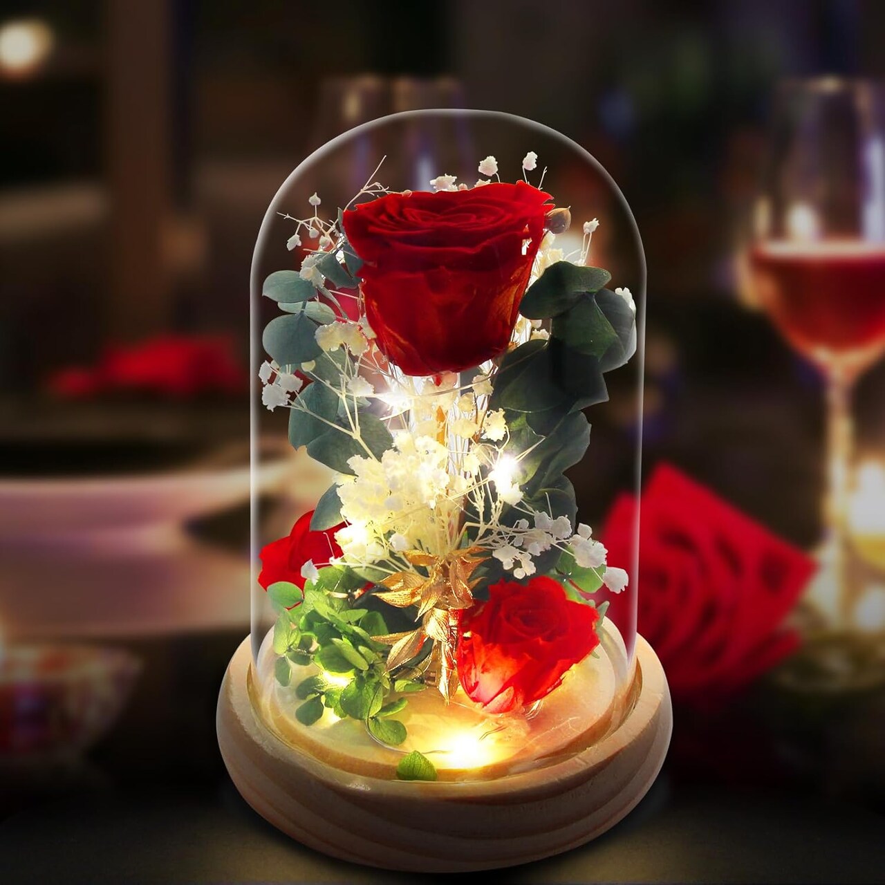 Preserved Rose Glass Jar Dome, Eternal Rose Glass Ball,Real Flowers,Entwined with LED Lights & Wooden Base,The Best Gift for Graduation,Mother's Day, Wedding,Birthday Gift